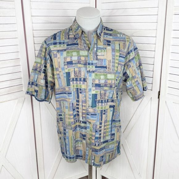 Tori Richard Geometric Print Button Up Camp Hawaiian Shirt Blue Green Tan Medium - Picture 11 of 11